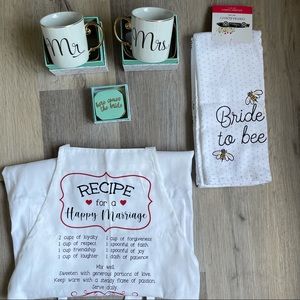 Wedding mugs, towel, apron, and jewelry tray